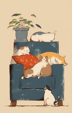 three cats sleeping on a blue chair with a plant in the corner and one cat laying down