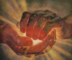 two hands reaching towards each other with the light coming from them in the middle of the image