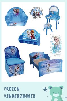 the children's bedroom furniture is blue and has frozen characters on it