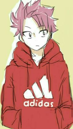 an anime character with pink hair wearing a red hoodie