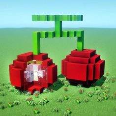 an animated image of two red cubes in the middle of a green field with flowers