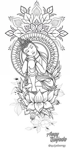 the buddha tattoo design is shown in black and white, with lotuses around it