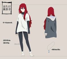 an anime character with long red hair and black pants, standing in front of a gray background