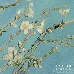 a painting of white flowers on a blue background