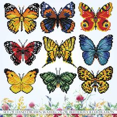 the cross stitch butterfly pattern is shown in different colors