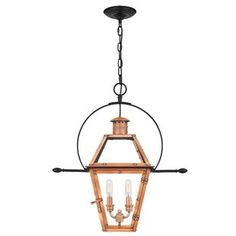 a light fixture hanging from the ceiling with an iron frame and wood trimmings