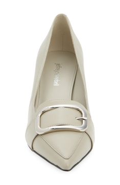 A flared block heel and ultrapointy toe bring glamour to a polished loafer-inspired pump finished with a dramatically oversized buckle. 2 1/2" heel Leather upper/synthetic lining and sole Imported Emphasis, Jeffrey Campbell, Women's Pumps, Block Heels, Light Grey, Leather Upper, Loafers, Nordstrom, Buckle