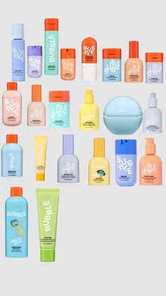 an assortment of different types of sunscreens and lotions on a white background