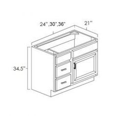 an image of a sink and cabinet with the measurements for each drawer in front of it