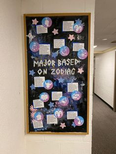 a blackboard with writing on it in an office hallway next to a white wall