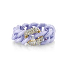 LINK COLLECTION: The SHAY Single Pave Lavender Ceramic Medium Link Ring Jewelry-grade ceramic is also called titanium carbide. It is hard-wearing, scratch-proof and when it is polished, it takes on an incredible shine and maintains a silky smooth appearance for a lifetime. Details: 18K Gold: approx. 1gr White Diamonds: approx .176cts Width: 7-8mm Standard size: 7 US / 54.5 EU Natural, untreated gemstones CONTACT us to further customize Product Number: SR344 Not sure of sizing? See our chart HERE Shay Jewelry Rings, Shay Jewelry, Stackable Necklaces, Mini Bracelet, Link Ring, Mini Necklace, Bridal Engagement Rings, Linking Rings, Belly Chain