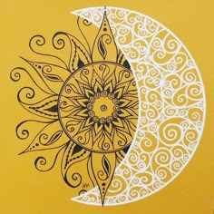 a drawing of a sun and moon with swirls on the side, against a yellow background