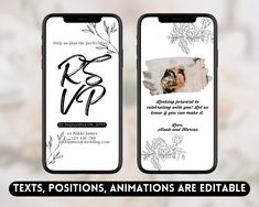 two iphones with wedding photos on them and the text, texts, positions, animations are editable