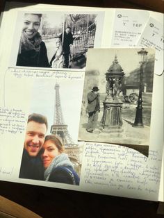 an open book with many pictures and writing on it's cover, including the eiffel tower