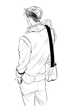 a black and white drawing of a man with a backpack