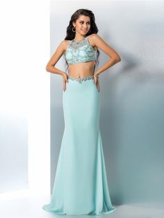 Trumpet/Mermaid Scoop Beading Sleeveless Long Chiffon Two Piece Dresses