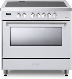 a white stove with four burners and two oven doors on each side, in front of a white background