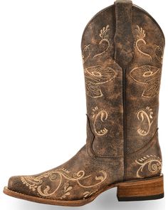 Circle G Women's Dragonfly Embroidered Cowgirl Boots - Square Toe, Brown Rustic Patina Boots With Snip Toe, Rustic Patina Snip Toe Boots, Rustic Hand-tooled Boots For Western-themed Events, Rustic Hand Tooled Snip Toe Boots, Rustic Brown Boots With Square Toe, Rustic Vintage Brown Snip Toe Boots, Rustic Brown Square Toe Boots, Embroidered Cowgirl Boots, Cowgirl Boots Square Toe