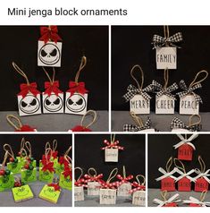 several different pictures of small boxes with tags attached to them and tied in twine