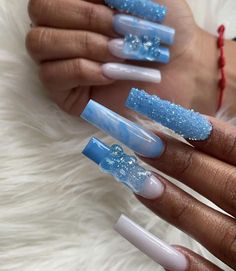 Square Acrylic Nails Long, Nails Coffin Long, Nails Long Acrylic, Acrylic Nails Long, Blue And White Nails, Long Acrylic Nail Designs, Blue Acrylic Nails, Drip Nails, Colored Acrylic Nails