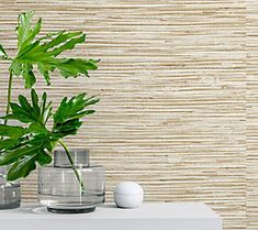 a white table topped with two vases and a green plant next to each other