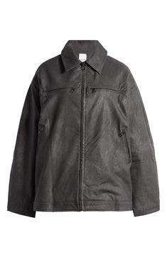 A distressed finish amplifies the street-ready attitude of faux-leather jacket cut in a comfortably oversized fit. Front zip closure Spread collar Chest and front zip pockets Lined 100% cotton with polyurethane coating Dry clean Imported Washed Black Winter Outerwear With Zipper Closure, Winter Washed Black Outerwear With Zipper Closure, Edgy Washed Black Outerwear For Fall, Men Home Decor, Perfume Gift Sets, Faux Leather Jacket, Fragrance Design, Fabric Gift Bags, Nordstrom Store