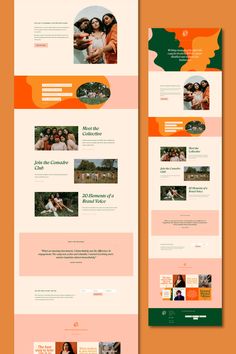 an orange and green website design with two different layouts on the front, side and back