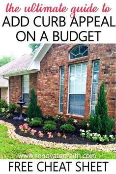 landscaping in front of a brick house with text overlay that reads diy landscape design in eight easy steps