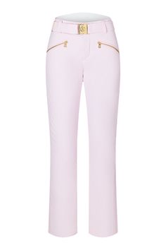 a pink pants with gold zippers on the waist and side pockets, in front of a white background