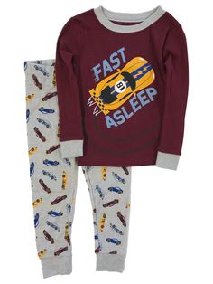 Toddler Boys Burgundy Cotton Race Car Pajamas Fast Asleep Sleep Set Your little one will love wearing these cozy burgundy & gray cotton knit "Fast asleep" race car themed pajamas! Toddler sizes 2-piece knit pajama set 100% cotton Elastic waist Made in China Payment We accept PayPal as our payment method. Immediate payment is required. If you have any questions about payment, please feel free to contact our customer support team. Return Policy We have a no hassle return policy If you are unhappy Sleepwear Sets With Graphic Print And Crew Neck, Long Sleeve Sleepwear With Graphic Print, Graphic Print Long Sleeve Sleepwear For Lounging, Graphic Print Crew Neck Sleepwear For Bedtime, Crew Neck Graphic Print Sleepwear, Graphic Print Crew Neck Sleepwear, Cotton Pjs, Sleep Set, Boys Pajamas