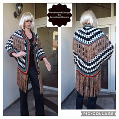 "Unique piece: I turned a shawl in to a jacket ! Black and white stripes plus a colorful edge and finges=a very nice and Unique Poncho-Jacket. I used wool mixt acrylic yarn and the fringes are made from 100% cotton ,so you can wash and iron the jacket. Measures:-length=35\"(90cm)without fringes, and 42\"with fringes -Bust circumference max.90 cm(35\") Care :  Machine washable at 30Celsius degrees ,protected in to a bag. Air dry flat. You can  iron. Do not bleach. 100% handmade with care in a pet-free and smoke-free environment. Ready to ship! Be Unique, wear unique clothes!" Caw Girl, Crocheting Stitches, Hippie Cardigan, Summer Poncho, Jacket Black And White, Shawl Black, Girl Jacket, Unique Clothes, Poncho Jacket