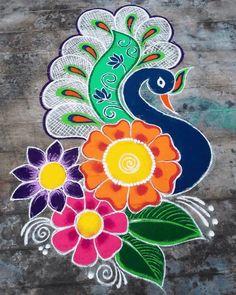 an artistically painted peacock with flowers on it's back side, sitting on a wooden surface