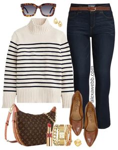 Plus Size Navy Stripe Sweater Outfit - Alexa Webb Navy White Striped Sweater Outfit, Navy Striped Sweater Outfit, Stripe Sweater Outfit, Long Sleeve Sweater Outfit, Navy Sweater Outfit, White Sweatshirt Outfit, Striped Sweater Outfit, Classic Work Outfits, Casual Outfit Idea