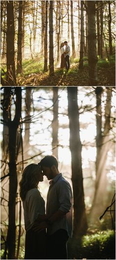 a couple is standing in the woods together