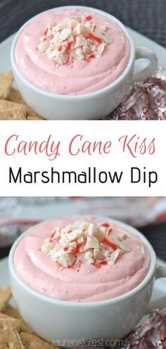 two bowls filled with candy cane kiss marshmallow dip on top of crackers