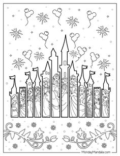 the disney castle coloring page with princess and prince in front of it, surrounded by fireworks