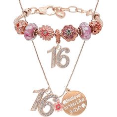 three different bracelets with charms and numbers on each one side, including the number 16