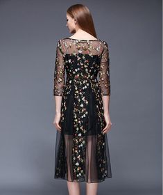 Lace Embroidery Flower Black Dress Spring Floral Print Embroidered Knee-length Dress, Black Floral Embroidered Summer Dress, Knee-length Floral Embroidered Dress For Spring, Black Dresses With Floral Applique For Spring, Black Embroidered Midi Dress For Summer, Black Floral Embroidery Midi Dress, Spring Black Embroidered Midi Dress, Black Embroidered Knee-length Summer Dress, Black Embroidered Midi Dress For Spring