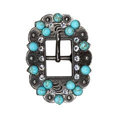 Antique Silver berry style cart buckle decorated with Clear and fashion Turquoise Howlite stones. This buckle measures 2" x 2 3/4" and will fit 5/8" to 3/4" wide leather. Perfect for breastcollar, headstalls, etc. Lifetime guarantee on all crystals Adjustable Turquoise Western Belt Buckles, Blue Concho Western Belt Buckles, Western Style Blue Concho Belt Buckles, All Crystals, Buckles Fashion, Wild Rag, Howlite Stone, Turquoise Howlite, Deep Red