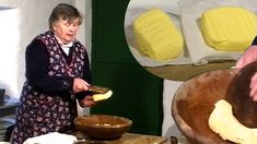 two women are in the kitchen making breads and doughnuts with butter on them