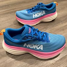 Hoka One One Bondi 8 Coastal Sky All Aboard Athletic Running Sneakers Euc Msrp $170 Women’s Size: 8.5 B Excellent Used Condition- I Would Rate These A 9/10 On Condition- Only Call Out Is The Little Bit Of Color On The Bottom Sole. These Were A Display Pair And Have Been Tried On Accepting Offers Pink Low-top Running Shoes With Ortholite Insole, Pink Running Shoes With Ortholite Insole And Round Toe, Blue Training Sneakers With Ortholite Insole, Pink Lace-up Running Shoes With Ortholite Insole, Blue Lace-up Marathon Sneakers, Blue Lace-up Sneakers For Marathon, Blue Sneakers With Rubber Sole For Marathon, Pink Low-top Sneakers With Ortholite Insole, Blue Running Shoes With Rubber Sole For Marathon