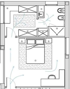 the floor plan for a bedroom and bathroom in a small space with an attached shower