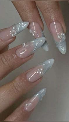 #nails #blue Nail Ideas Almond Shape Blue, Aesthetic Almond Nails Designs, Grey And White French Tip Nails, Mermaid French Nails, Almond Long Nails Design, Almond French Tip Design, Almond Nails Mermaid, Blue Nails With Pearls, White Mermaid Nails