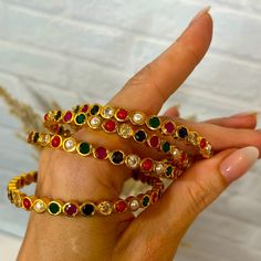 Beautiful Multi Colored Size 2.6 Indian Bangles From South India Gold Gram Thick Plating Luxury Resort Wear Bohemian Multicolor Tilla Bangle, Bohemian White Bangle For Festivals, White Bohemian Bracelets For Festive Occasions, Festive Bohemian White Bracelets, Festive White Bohemian Bracelets, Indian Bangles, Luxury Resort Wear, Stackable Bangles, Sterling Silver Bead Bracelet