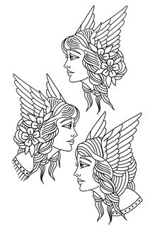 two women with wings and flowers in their hair, one is wearing a headdress