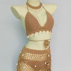 Women's Swim Set 3 Piece Top & Bottoms & Bottom Cover Crochet Cowrie Shells Fits Small To Medium Handmade Lined Good-Quality Fitted Beige Crochet Top For Beachwear, Philippines Outfit, Cafe Dress, Crochet Tankini, Crochet Halter Dress, Scarf Coverup, Crochet Bottoms, Crochet Swim, Swim Cover Up Dress