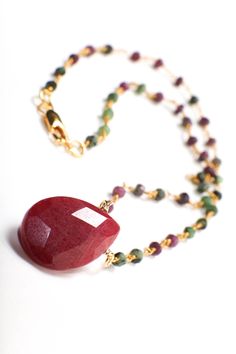 "Ruby Zoisite Beaded Rosary Gold Chain Necklace with Faceted Ruby Jade 18x25 Pear Drop Pendant 16\" Necklace Available in 16\", 18\", 20\", 22\", 24\"" Teardrop Beaded Necklace As Gift, Beaded Drop Necklace With Round Beads As A Gift, Teardrop Gemstone Beads Necklace For Gift, Teardrop Necklace With Faceted Beads For Gift, Teardrop Pendant Beaded Necklace Gift, Gift Beaded Necklace With Teardrop Pendant, Teardrop Beaded Chain Necklace For Gift, Teardrop Polished Beads Necklace Gift, Teardrop Polished Bead Necklace For Gift