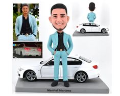 a caricature of a man standing in front of a white car with his hands on his hips