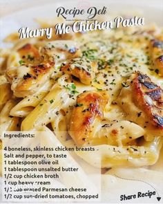 the recipe for mary chicken pasta is shown