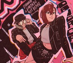 a drawing of a woman with glasses and a leather jacket, standing in front of a graffiti wall